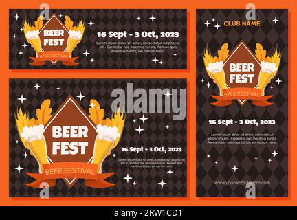 Hintergrund des Bierfestivals, vertikale und horizontale Bannersammlung. Design mit Glas Bier, Weizen und Blättern, Bannerband. Rhombus-Muster auf der Rückseite Stock Vektor