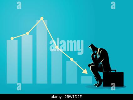 Vektor-Illustration eines Geschäftsmannes, der aufgrund abnehmender grafischer Diagramme untätig sitzt Stock Vektor