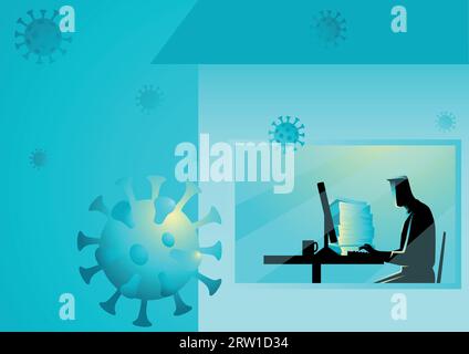Vektordarstellung eines Mannes, der während des Coronavirus-Ausbruchs von zu Hause aus arbeitet Stock Vektor