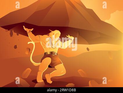 Vektor-Illustration von Hanuman, der den Berg Dronagiri, den indischen Gott des Hindus, hochhebt Stock Vektor