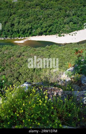 Ein atemberaubender Blick auf die Gorges de l'Ardèche, wo sich der Fluss durch die grünen Felsen schlängelt. Stockfoto