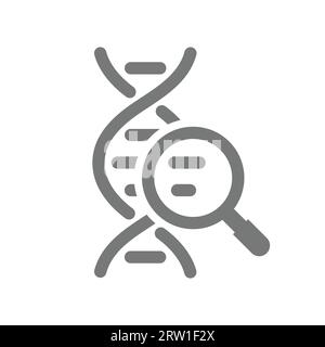 DNA-Sequenz mit Vergrößerungsglas-Vektorsymbol. Symbol für genetische Forschung, Technik und Biotechnologie. Stock Vektor