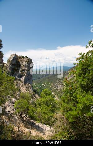 Ein atemberaubender Blick auf die Gorges de l'Ardèche, wo sich der Fluss durch die grünen Felsen schlängelt. Stockfoto