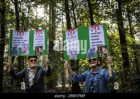 APELDOORN - Teilnehmer an einer Protestexkursion gegen die Schließung eines großen Teils von Kroondomein Het Loo im Zusammenhang mit Jagdpartys der königlichen Familie. ANP VINCENT JANNINK niederlande aus - belgien aus Stockfoto