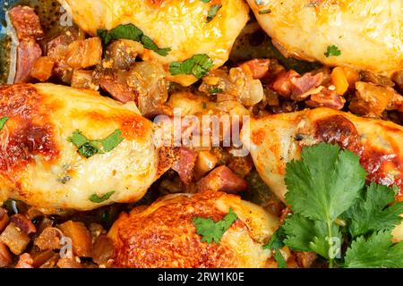 Köstlicher gefüllter Tintenfisch mit Salsa-Sauce auf einem Teller. Stockfoto