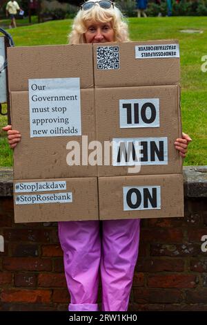 Wimborne, Dorset, Großbritannien. September 2023. Global marsch über die Welt, um ein Ende der fossilen Brennstoffe zu fordern - Extinction Rebellion XR demonstriert mit Plakaten in Wimborne, Dorset. Der Klimawandel wird die Welt AUF DEN KOPF stellen. Quelle: Carolyn Jenkins/Alamy Live News Stockfoto