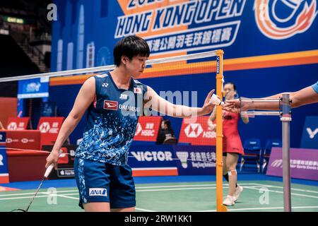 Hongkong, China. September 2023. Akane Yamaguchi aus Japan wurde im Womenís-Viertelfinale gegen Beiwen Zhang aus den USA am vierten Tag der VICTOR Hong Kong Open Badminton Championships 2023 im Hong Kong Coliseum in Aktion gesehen. Endstand Japan 2:0 USA. Quelle: SOPA Images Limited/Alamy Live News Stockfoto