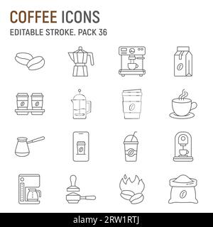 Symbolset für Kaffeezeilen, Kaffeeshop-Kollektion, Vektorgrafiken, Logo-Illustrationen, Coffein-Vektorsymbole, cafe-Schilder, Piktogramme, editierbarer Schlaganfall Stock Vektor