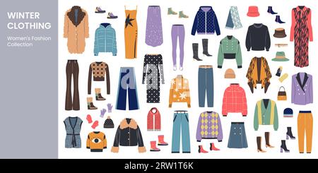 Set mit Winterkleidung für Frauen. Flache Vektorgrafik Stock Vektor