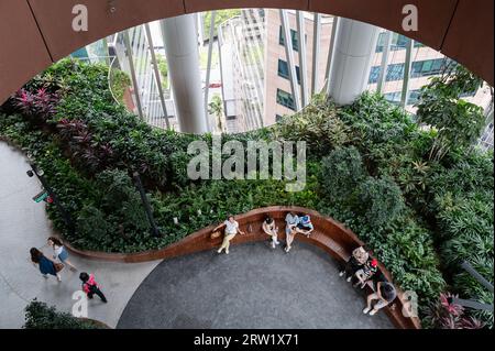 01.08.2023, Republik Singapur, Singapur - Besucher auf einer von vier Ebenen des vertikalen Gartens Green Oasis im neuen Wolkenkratzer CapitaSpring Stockfoto