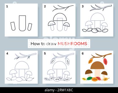 Zeichenunterricht für Kinder. Wie man Pilze zeichnet. Stock Vektor