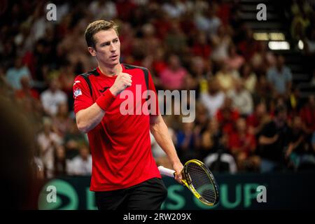 Hasselt, Belgien. September 2023. Belgische Kimmer Coppejans in Aktion bei einem Spiel zwischen belgischen Coppejans und Usbekisch Sultanov, dem ersten Spiel im Davis Cup World Group First Round Meeting zwischen Belgien und Usbekistan, Samstag, 16. September 2023, in Hasselt. BELGA FOTO JASPER JACOBS Credit: Belga News Agency/Alamy Live News Stockfoto