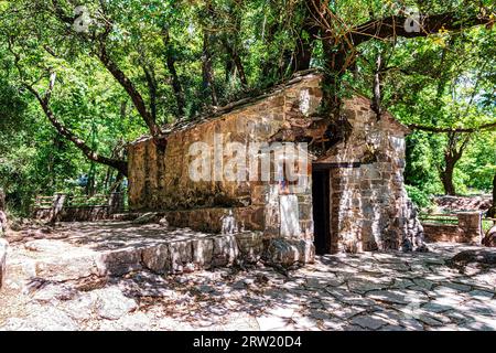 Agia Theodora von Vasta Wunderkirche auf dem Peloponnes, Griechenland. Agia Theodora Vasta ist eine kleine byzantinische Kirche mit 17 stechpalmen und Ahornbäumen Stockfoto