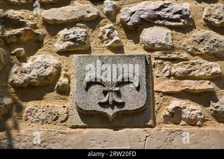 Ein Steinsymbol über einem französischen Hauseingang Stockfoto