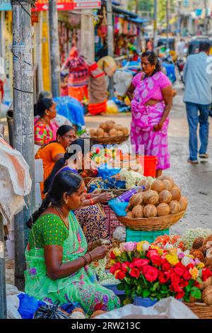 Puttaparthi, Indien - 01. September 2023: Frauen sitzen auf dem Boden und verkaufen Kokos und Blumen auf der Straße, vertikal Stockfoto