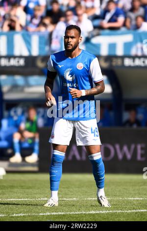 Rostock, Deutschland. September 2023. Fußball: 2. Bundesliga, Hansa Rostock - Fortuna Düsseldorf, 6. Spieltag, Ostseestadion. Rostocks Junior Brumado ist während seines ersten Auftritts für Hansa Rostock auf dem Spielfeld. Danksagung: Gregor Fischer/dpa - WICHTIGER HINWEIS: gemäß den Anforderungen der DFL Deutsche Fußball Liga und des DFB Deutscher Fußball-Bund ist es untersagt, im Stadion und/oder im Spiel aufgenommene Fotografien in Form von Sequenzbildern und/oder videoähnlichen Fotoserien zu nutzen oder nutzen zu lassen./dpa/Alamy Live News Stockfoto