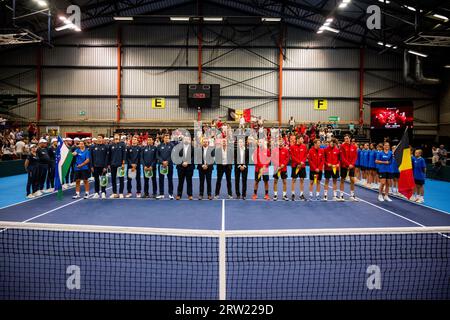 Hasselt, Belgien. September 2023. Die Abbildung zeigt den Beginn des Davis Cup World Group First Round Meetings zwischen Belgien und Usbekistan am Samstag, den 16. September 2023, in Hasselt. BELGA FOTO JASPER JACOBS Credit: Belga News Agency/Alamy Live News Stockfoto