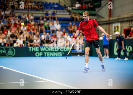 Hasselt, Belgien. September 2023. Belgische Kimmer Coppejans in Aktion bei einem Spiel zwischen belgischen Coppejans und Usbekisch Sultanov, dem ersten Spiel im Davis Cup World Group First Round Meeting zwischen Belgien und Usbekistan, Samstag, 16. September 2023, in Hasselt. BELGA FOTO JASPER JACOBS Credit: Belga News Agency/Alamy Live News Stockfoto