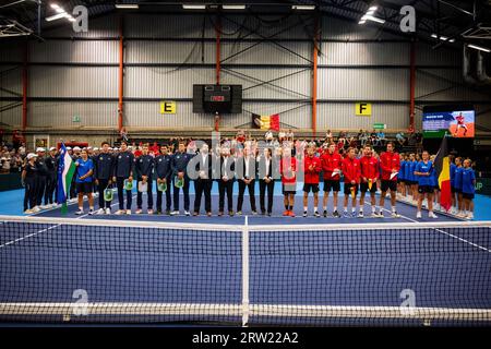 Hasselt, Belgien. September 2023. Die Abbildung zeigt den Beginn des Davis Cup World Group First Round Meetings zwischen Belgien und Usbekistan am Samstag, den 16. September 2023, in Hasselt. BELGA FOTO JASPER JACOBS Credit: Belga News Agency/Alamy Live News Stockfoto