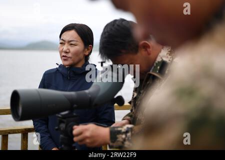 (230916) -- GANNAN, 16. September 2023 (Xinhua) -- Mitarbeiter beobachten am 7. Juli 2023 Wildtiere im Gahai-Zecha National Nature Reserve in der Gannan Tibetan Autonomous Prefecture in der nordwestlichen chinesischen Provinz Gansu. Die autonome Präfektur Gannan dient als lebenswichtiges Wasserreservat für den Gelben Fluss, den zweitlängsten Wasserweg Chinas. Gannan hat einen 433 Kilometer langen Abschnitt des Gelben Flusses. Der Wasserzusatz in Gannan machte etwa die Hälfte des gesamten Abflusses des Flusses in der Quellregion aus. Um die Ökologie in diesem Gebiet besser zu schützen, sind Mitarbeiter der nationalen Naturschutzgebiete in Stockfoto