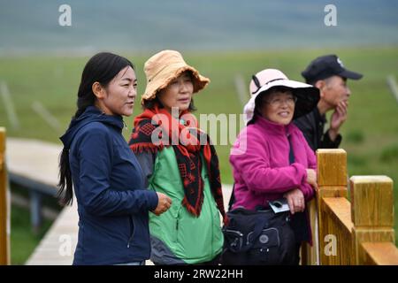 (230916) -- GANNAN, 16. September 2023 (Xinhua) -- Ein Mitarbeiter (1. L) informiert Touristen am 7. Juli 2023 über die Lage der wilden Tiere und Pflanzen im Gahai-Zecha National Nature Reserve in der tibetischen Autonomen Präfektur Gannan, Provinz Gansu im Nordwesten Chinas. Die autonome Präfektur Gannan dient als lebenswichtiges Wasserreservat für den Gelben Fluss, den zweitlängsten Wasserweg Chinas. Gannan hat einen 433 Kilometer langen Abschnitt des Gelben Flusses. Der Wasserzusatz in Gannan machte etwa die Hälfte des gesamten Abflusses des Flusses in der Quellregion aus. Um die Ökologie dieses Ars besser zu schützen Stockfoto