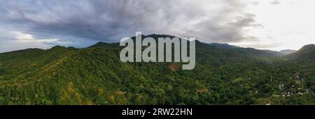 Blick aus der Vogelperspektive auf die Natur und die Hügel von Santa Marta durch den Tayrona-Nationalpark in Kolumbien. Stockfoto