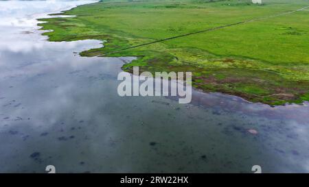 (230916) -- GANNAN, 16. September 2023 (Xinhua) -- dieses Luftbild vom 7. Juli 2023 zeigt die Landschaft des Sumpfgebiets des Gahai-Sees im Gahai-Zecha National Nature Reserve in der tibetischen Autonomen Präfektur Gannan, nordwestlich der chinesischen Provinz Gansu. Die autonome Präfektur Gannan dient als lebenswichtiges Wasserreservat für den Gelben Fluss, den zweitlängsten Wasserweg Chinas. Gannan hat einen 433 Kilometer langen Abschnitt des Gelben Flusses. Der Wasserzusatz in Gannan machte etwa die Hälfte des gesamten Abflusses des Flusses in der Quellregion aus. Um die Ökologie in diesem Bereich besser zu schützen, haben die Mitarbeiter von Stockfoto