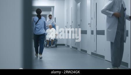 Der Arzt schiebt den Rollstuhl mit der Patientin, die durch den Klinikkorridor geht. Reife Ärztin öffnet Tür, eine andere bringt ältere Frau in den OP. Medizinisches Personal und Patienten im Spitalgang. Stockfoto