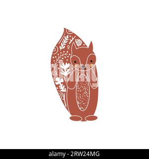 Eichhörnchen Hand gezeichnet in Linolschnitt oder Holzschnitt, Silhouettenvektor Illustration, isoliert auf weißem Hintergrund. Moderner Boho-Linolschnitt. Stock Vektor