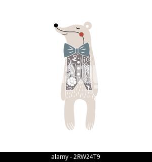 Dachse isoliert auf weißem Hintergrund mit weißen Blumenelementen. Niedliche Waldtier-Illustration. Linolschnitt. Stock Vektor