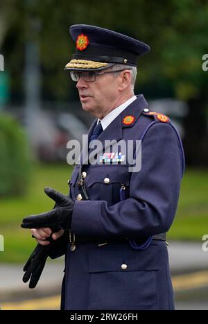 Garda-Kommissar Drew Harris vor der Enthüllung eines Garda Siochana Monument of Remembrance im Hauptquartier von Garda, Phoenix Park in Dublin. Bilddatum: Samstag, 16. September 2023. Stockfoto