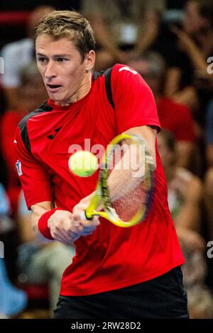 Hasselt, Belgien. September 2023. Belgische Kimmer Coppejans in Aktion bei einem Spiel zwischen belgischen Coppejans und Usbekisch Sultanov, dem ersten Spiel im Davis Cup World Group First Round Meeting zwischen Belgien und Usbekistan, Samstag, 16. September 2023, in Hasselt. BELGA FOTO JASPER JACOBS Credit: Belga News Agency/Alamy Live News Stockfoto