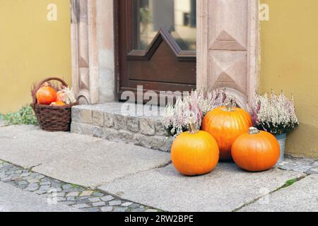 Mehrere orangefarbene runde reife Kürbisse, weißes und violettes Heidekraut in Eimern und Blumentöpfe, die auf dem Bürgersteig an der Wand liegen Stockfoto