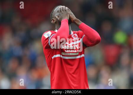 Emmanuel Latte Lath #9 von Middlesbrough reagiert auf eine verpasste Chance beim Sky Bet Championship Match Blackburn Rovers vs Middlesbrough in Ewood Park, Blackburn, Großbritannien, 16. September 2023 (Foto: Gareth Evans/News Images) Stockfoto