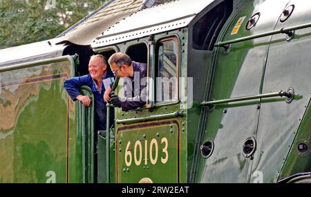 Flying Scotsman Steam Train at Boat of Garten Scotland der Zug oder Triebwerksfahrer Stockfoto