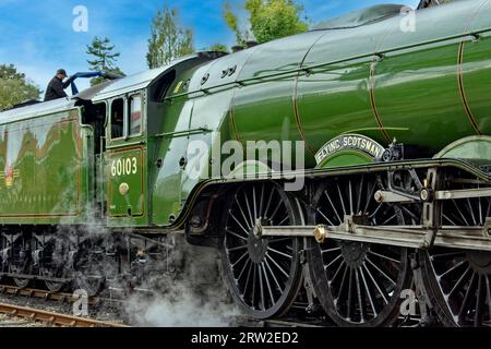 Fliegender Scotsman-Dampfzug, der auf dem Boot der Garten Station Scotland Wasser nimmt Stockfoto