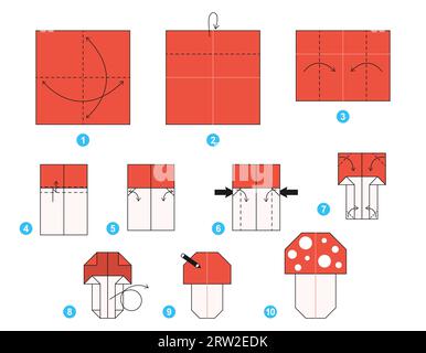Origami-Tutorial für Kinder. Origami, süße Fliege, agarisch Stock Vektor