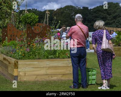 Besucher sehen bunte Gartenblumen - Teilnahme am Wettbewerb „Gartenbau Hochbeet“, RHS Tatton Park Flower Show 2023 Showground, Cheshire England UK. Stockfoto