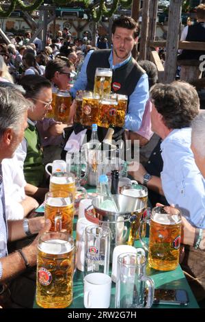 MÜNCHEN, Deutschland. September 2023. Auftakt zum Oktoberfest München 188, auch WIESN genannt, am Samstag, 16. September in München. Auf dem Bild - Gäste des KAEFER Biergarten feiern mit Biergläsern, Bierkrügen - Bierkruege die traditionelle Veranstaltung endet am 3. Oktober Das Oktoberfest ist das größte Volksfest der Welt und zieht jährlich rund sechs Millionen Besucher an. Jedes Jahr brechen neue Rekorde. Bild und Copyright. @ Arthur Thill /ATP Images (THILL Arthur/ATP/SPP) Credit: SPP Sport Press Photo. Alamy Live News Stockfoto