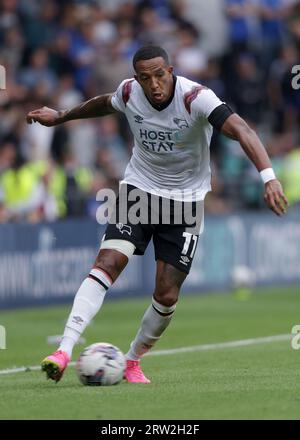 Derby Countys Nathaniel Mendez-Laing während des Spiels Sky Bet League One im Pride Park, Derby. Bilddatum: Samstag, 16. September 2023. Stockfoto