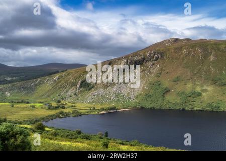 Wunderschönes Panorama mit See, Strand, Wald, Tal und felsigen steilen Bergen. Lough Dan in Wicklow Mountains, Irland Stockfoto