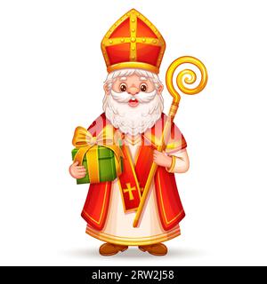 Niedlicher Nikolaus, Sinterklaas-Charakter mit Kindergeschenk, St. Nikolaus Winterfeiertag. Christlicher Religionsbischof, Kinderüberraschung präsent. Vektor Stock Vektor