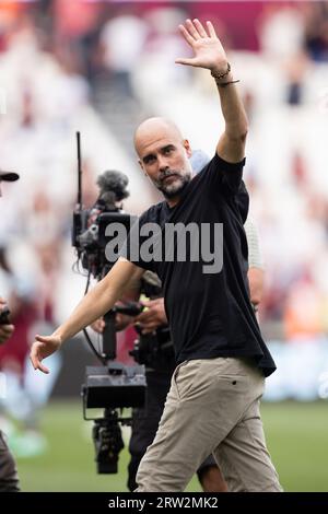 Stratford, London, Großbritannien. September 2023. PEP Guardiola of Manchester City zeigt während des Premier-League-Spiels zwischen West Ham United und Manchester City im London Stadium, Stratford am Samstag, den 16. September 2023. (Foto: Federico Guerra Maranesi | MI News) Credit: MI News & Sport /Alamy Live News Stockfoto