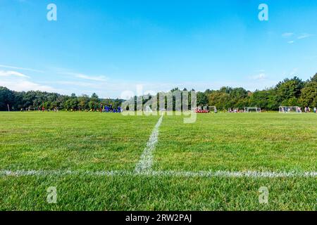 Junge Fußballmannschaften spielen an einem Samstagmorgen mit einem grünen Spielfeld und blauem Himmel im Park Stockfoto