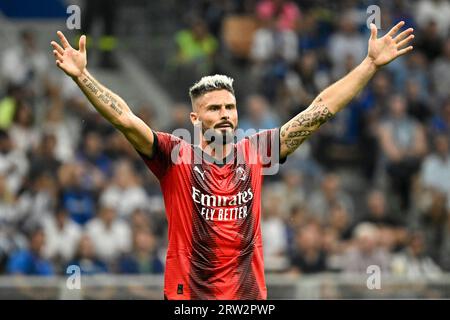 Mailand, Italien. September 2023. Olivier Giroud vom AC Mailand reagiert während des Fußballspiels der Serie A zwischen dem FC Internazionale und dem AC Mailand im San Sirostadion in Mailand (Italien) am 16. September 2023. Quelle: Insidefoto di andrea staccioli/Alamy Live News Stockfoto