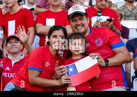 Bordeaux, Frankreich. September 2023. BORDEAUX, FRANKREICH - 16. SEPTEMBER: Fans und Unterstützer Chiles während der Rugby-Weltmeisterschaft Frankreich 2023 Spiel zwischen Samoa und Chile im Stade de Bordeaux am 16. September 2023 in Bordeaux, Frankreich. (Foto: Hans van der Valk/Orange Pictures) Credit: Orange Pics BV/Alamy Live News Stockfoto