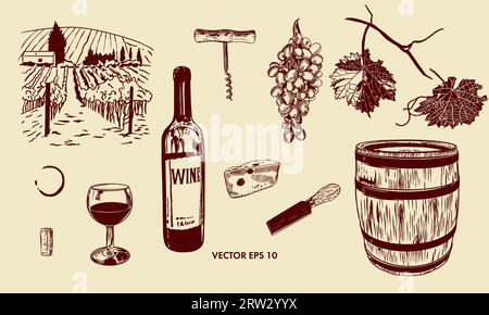 Flasche, Glas, Fass Wein, Trauben, Blätter, Käse, Weinberge, Flaschenöffner. Vektorillustration eines Weins. Menüs, Weinlisten, Etiketten, Banner. Stock Vektor