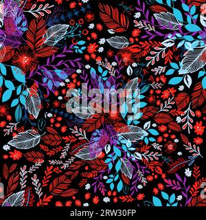 Nahtloser schwarzer Grafikhintergrund mit roten und blauen Blumen. Vektorillustration Stock Vektor