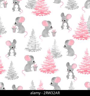 Nahtloses Weihnachtsmuster mit süßer Aquarellmaus. Urlaubshintergrund mit Ratten. Stock Vektor