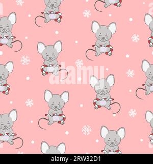 Nahtloses Weihnachtsmuster mit niedlicher Comic-Maus. Geschenkpapier Stock Vektor
